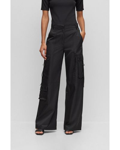 HUGO Relaxed-fit Cargo Trousers In Water-repellent Satin - Black