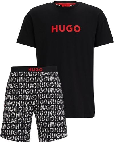 HUGO Pyjama Van Stretchkatoen Met Logodetails - Zwart