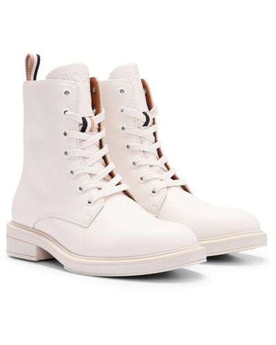 BOSS Leather Lace-up Boots With Branded Trim - Natural