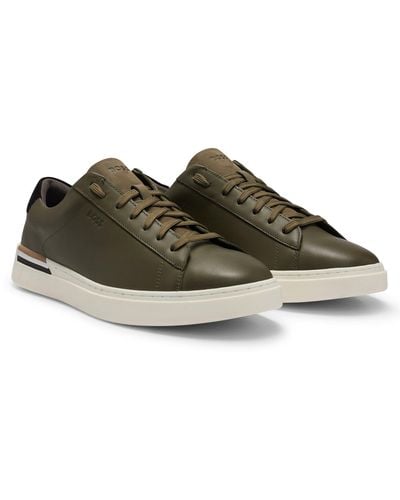 BOSS Cupsole Lace-up Trainers In Leather And Nubuck - Green