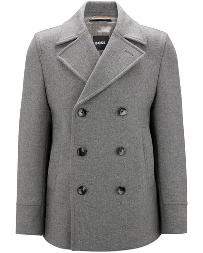 BOSS Wool-blend Slim-fit Coat With Double-breasted Closure - Grey