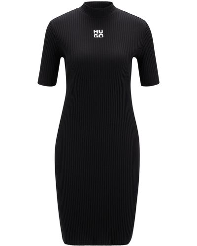 HUGO Slim-fit Dress In Stretch Cotton With Stacked Logo - Black