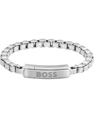 BOSS Silver-tone Box-chain Cuff With Branded Closure - White