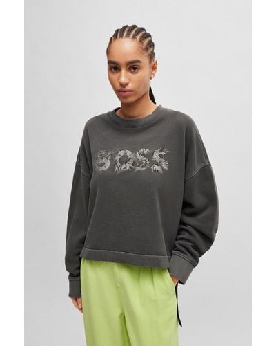 BOSS Logo Sweatshirt In Cotton Terry With Adjustable Hem - Grey