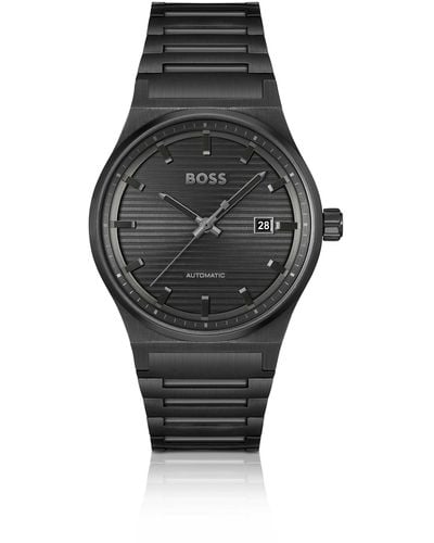 BOSS Black-plated Automatic Watch With Groove-textured Dial