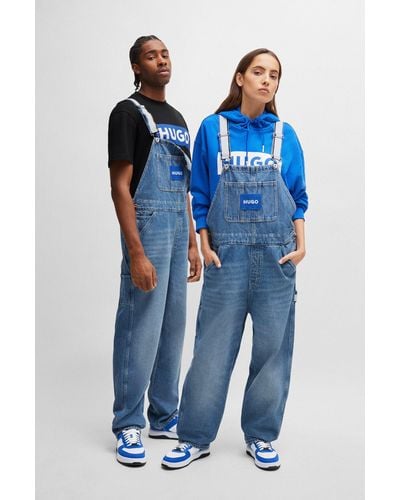 HUGO Relaxed-fit Dungarees In Denim With Logo-tape Trims - Blue