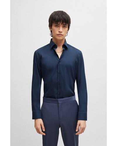 HUGO Slim-fit Shirt In Cotton-blend Poplin - Blue
