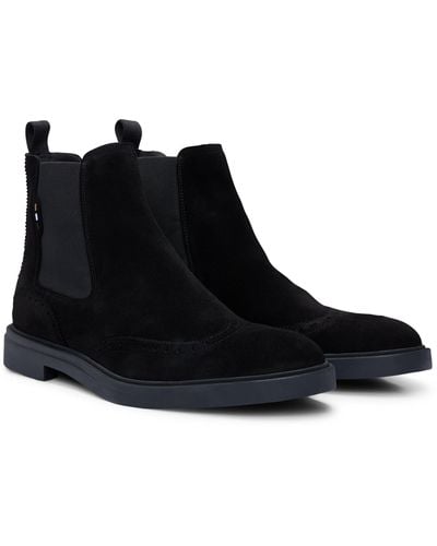 BOSS Suede Chelsea Boots With Brogue Details - Black