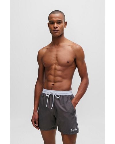 BOSS Contrast-logo Swim Shorts In Recycled Material - Grey