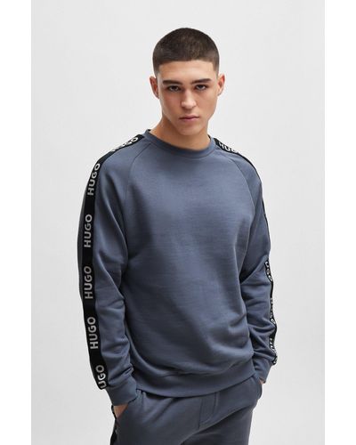 HUGO Cotton-terry Sweatshirt With Logo Tape And Ribbed Cuffs - Blue