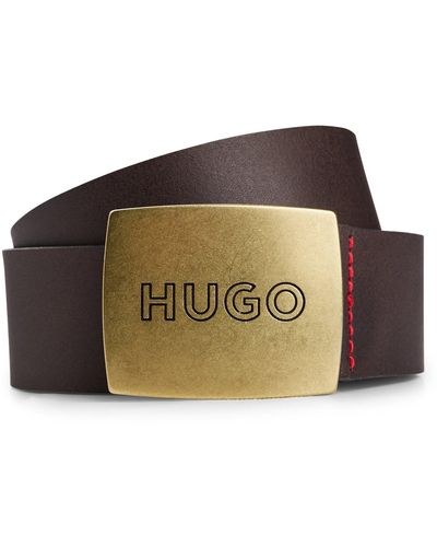 HUGO Cinturón de piel con hebilla con placa y logo - Marrón
