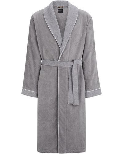 BOSS Grey Cotton-velvet Dressing Gown With Embroidered Logo