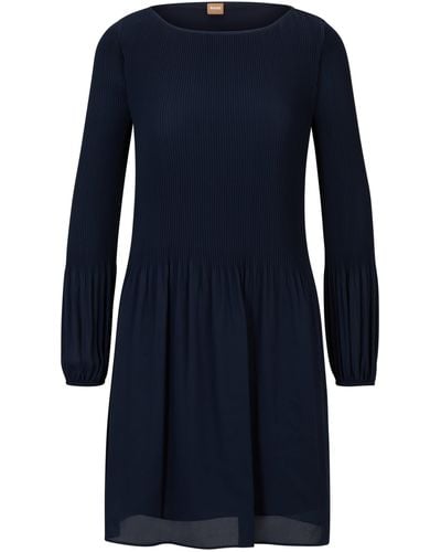 BOSS Regular-Fit Kleid mit langen Ärmeln und Plissee-Rock - Blau