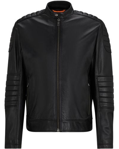BOSS Regular-Fit Jacke aus Leder mit gesteppten Details - Schwarz