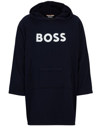 BOSS Logo Beach Hoodie In Cotton With Kangaroo Pocket - Blue