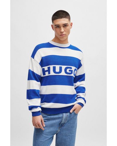 HUGO Block Stripe Big Logo Long Sleeve Sweater - Blue