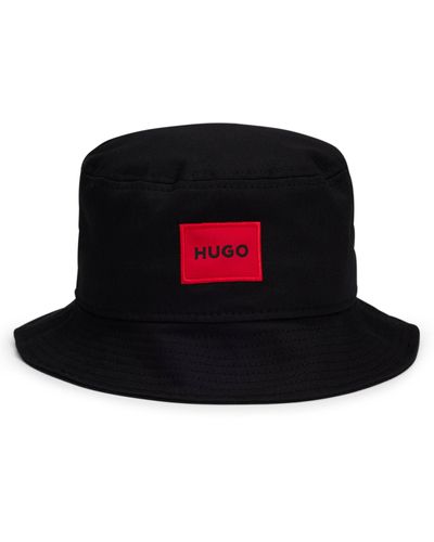 HUGO Fischerhut aus Baumwoll-Twill mit rotem Logo-Etikett - Schwarz