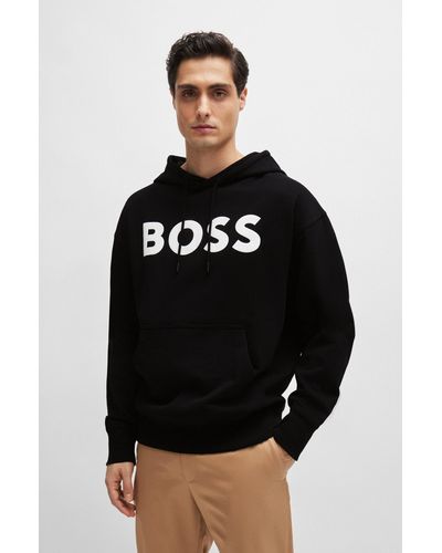 BOSS Sweat à capuche en molleton de coton avec logo imprimé en gomme - Noir