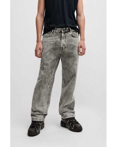 HUGO Loose-fit Jeans In Bleach-wash Black Rigid Denim
