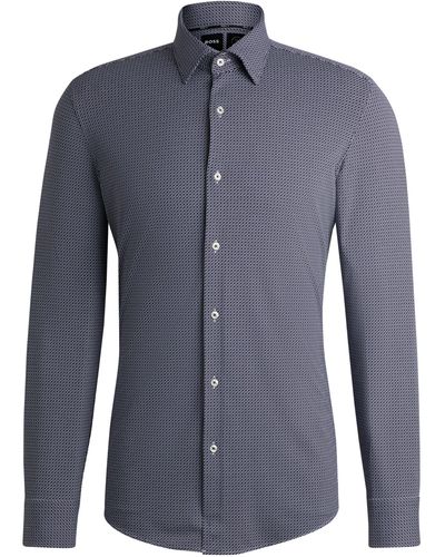 BOSS Slim-fit Overhemd Van Hoogwaardig Stretchmateriaal Met Geometrische Print - Blauw