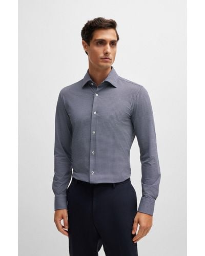 BOSS Slim-fit Shirt In Geometric-print Performance-stretch Material - Blue