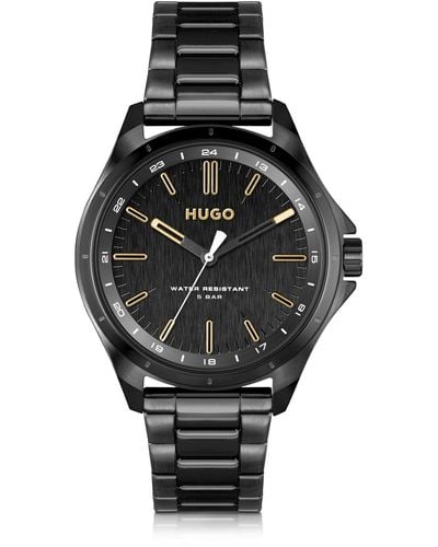HUGO Black-plated Watch With Gold-tone Indexes