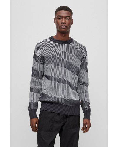 BOSS by HUGO BOSS Relaxed-fit Cotton-blend Jumper With Blown-up Stripe - Grey