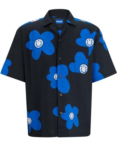 HUGO Oversized-fit Overhemd Van Katoenen Popeline Met Bloemenprint - Blauw
