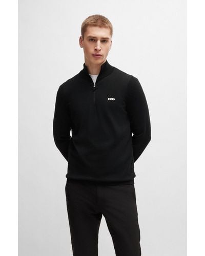 BOSS Cotton-blend Zip-neck Sweater With Logo Print - Black
