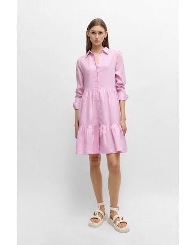 BOSS Tiered Shirt Dress In Ramie With Cotton Inner Dress - Pink