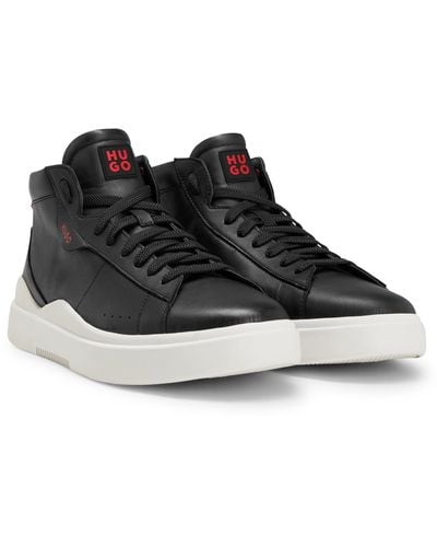 HUGO High-top Trainers In Leather With Stacked Logo - Black