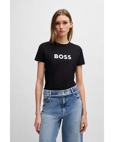 BOSS Camiseta regular fit de punto de algodón con logo en contraste - Negro