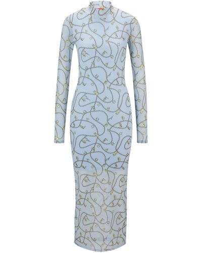 HUGO Kleid aus Stretch-Mesh mit Ketten-Print der Saison - Blau