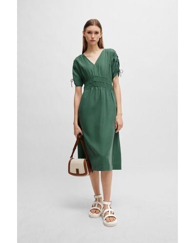 BOSS Slim-fit Midi Dress With Gathered Sleeves - Green