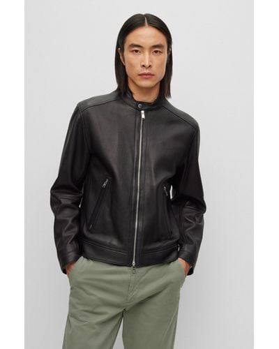 BOSS Regular-fit Jacket In Grained Leather - Black