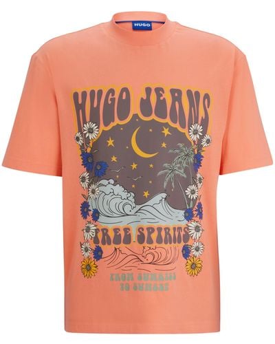 HUGO T-Shirt aus Baumwoll-Jersey mit Retro-Artwork - Orange