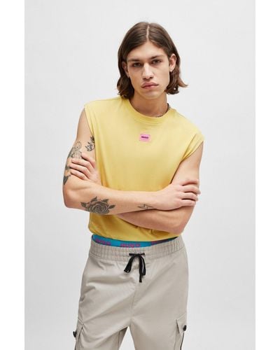 HUGO Sleeveless Cotton-jersey T-shirt With Logo Label - Yellow