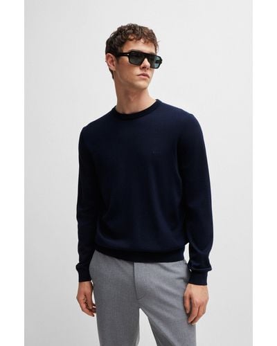 BOSS Logo-embroidered Jumper In Wool - Blue