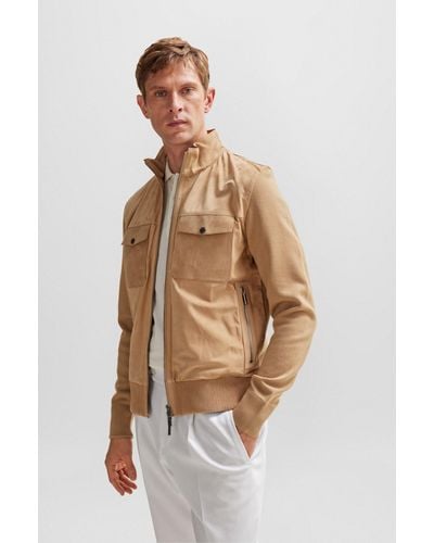 BOSS Nappa-leather Regular-fit Jacket With Wool Trims - Natural