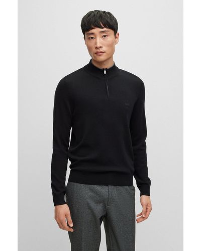 BOSS by HUGO BOSS Zip-neck Jumper In Virgin Wool With Embroidered Logo - Black