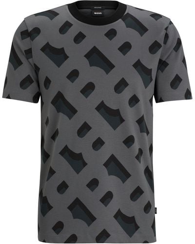 BOSS T-shirt Van Gemerceriseerde Stretchkatoen Met Monogramjacquard - Zwart