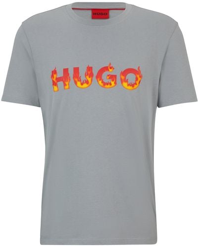 HUGO T-shirt Van Katoenen Jersey Met Verhoogd Vlammenlogo - Grijs
