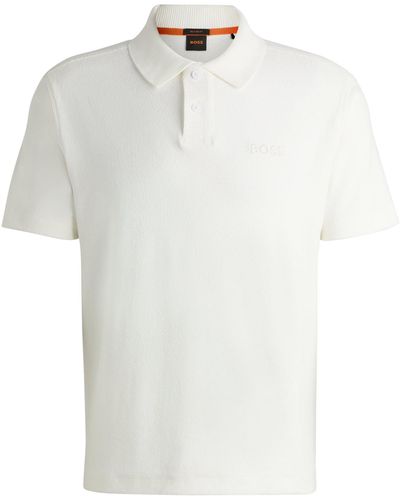 BOSS Cotton-towelling Polo Shirt With Mixed-technique Logo - White