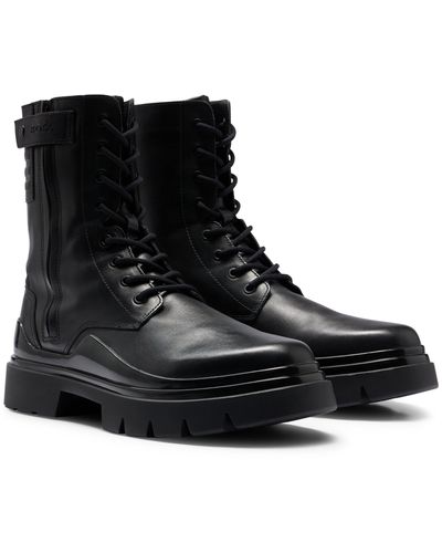 BOSS Leather Lace-up Boots With Branded Strap - Black