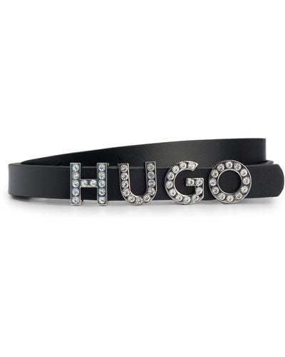 HUGO Italian-leather Belt With Crystal-embellished Logo Buckle - White
