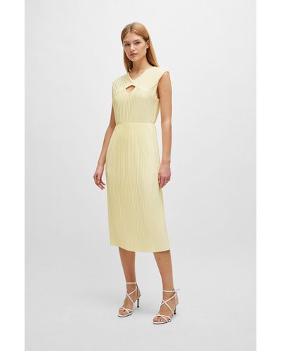 BOSS Sleeveless Dress In High-shine Plissé Fabric - Yellow