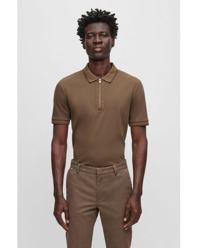 BOSS Mercerized-cotton Polo Shirt With Zip Placket - Brown