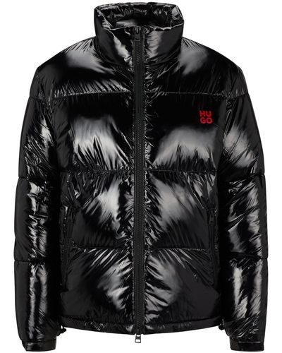 HUGO Water-repellent Lacquered Puffer Jacket With Stacked Logos - Black