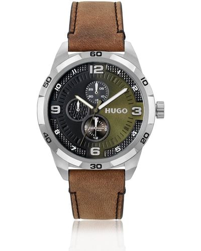 HUGO Olive-dial Watch With Leather Strap - Multicolour