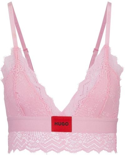 HUGO Padded Triangle Bra In Geometric Lace With Logo Label - Pink